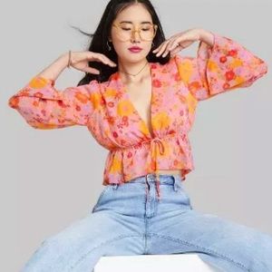 Floral Bell Sleeve Sheer Tie-Front Top